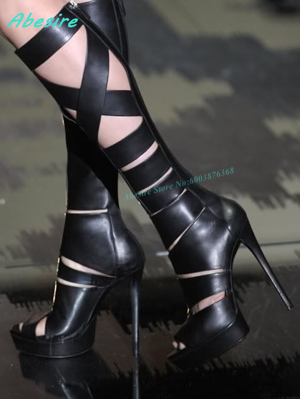 Women'S Fashion Knee High Boots - Çapraz Bağlamalı Oyuk Deri Sandaletler Açık